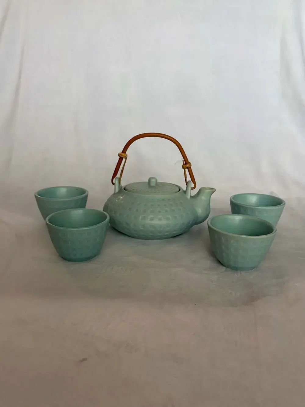 Pier 1 Imports Stoneware Teapot and 4 Tea Cup Set in Light Blue Textured Finish